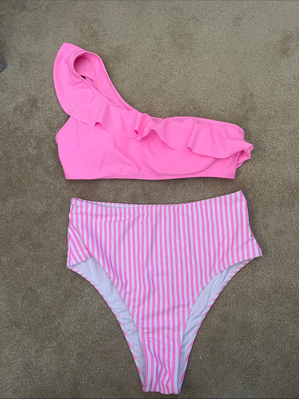 Pink One-Shoulder Ruffle Bikini with Pink Stripe High-Waist Bottoms Size L